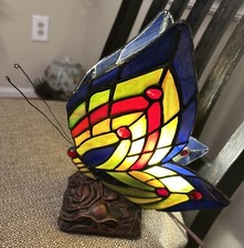Vintage Tiffany Style Stained Glass Butterfly Table Accent Lamp 9.5" H.