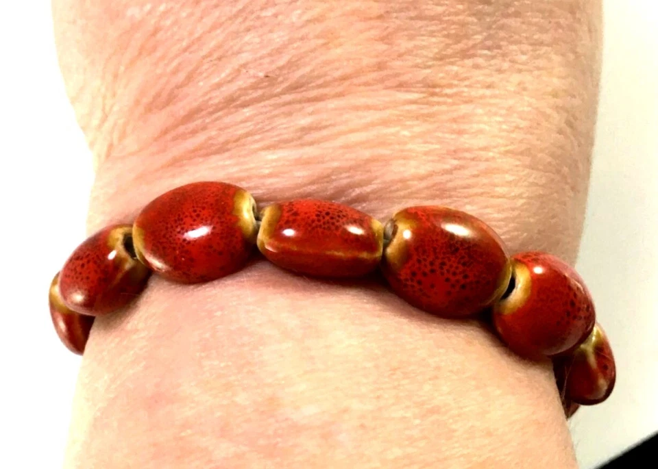 Handmade Porcelain Bead Stretch Bracelet with Red Glaze Boho - Image 2 of 3