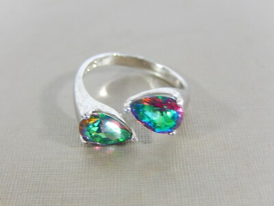 NWOT SIMULATED MYSTIC TOPAZ 2 PEAR CUT PRONG SET  BY BASS RING RING SIZE 6