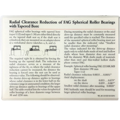FAG Radial Clearance Reduction Of Spherical Roller Bearings Reference Card