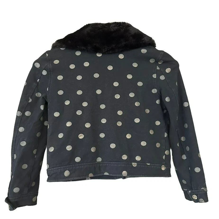 Kate Spade Black Gold Polka Dot Fur Collar Cropped Moto Jacket Girls 12 - Image 2 of 4