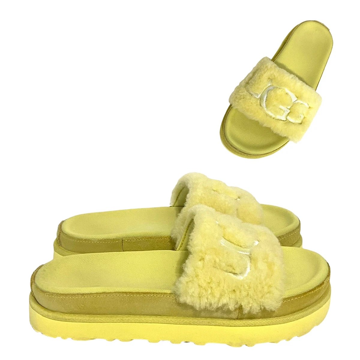 UGG WOMEN S Size 6.5 MARGARITA YELLOW LATON FUR SLIDES SANDALS