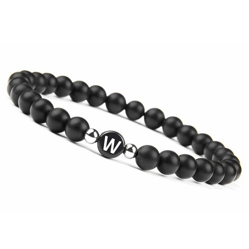 Bracelet Black Bead Initial Letter Lava Stone Smooth For Men Women Girl 6 MM - Picture 36 of 39