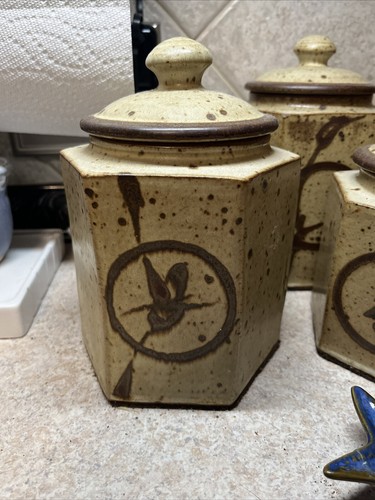 VTG SET 3 MCM Art Pottery Stoneware Otagiri Takahashi Canisters Speckled 5-sided - Picture 2 of 17