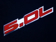 2 FORD MUSTANG GT 5.0L 302 F150 CROWN VIC ENGINE BLOCK EMBLEMS BADGE RED PAIR