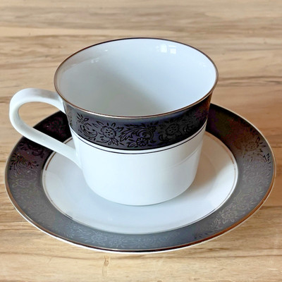 Noritake Mirano Coffee Tea Flat Cup & Saucer 6878 Black White Platinum Floral