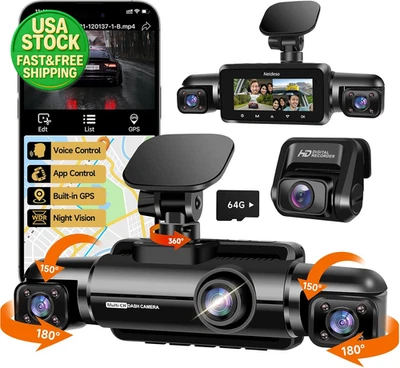 360° 4CH Dash Cam Front Rear Inside WiFi GPS 2K FHD Car Camera Night Vision