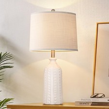 JUNNAI White Ceramic Table Lamp 24.5: 3-Way Dimmable Bedside Lamp with White Dru