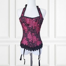 FREDERICKS of HOLLYWOOD Pink Black Lace Corset 34 Halter Bustier Pinup Garters