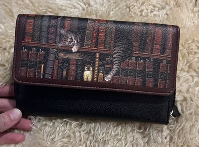 Bradford Exchange  Cat Books Print Clutch Wallet Zip Folding Black Brown