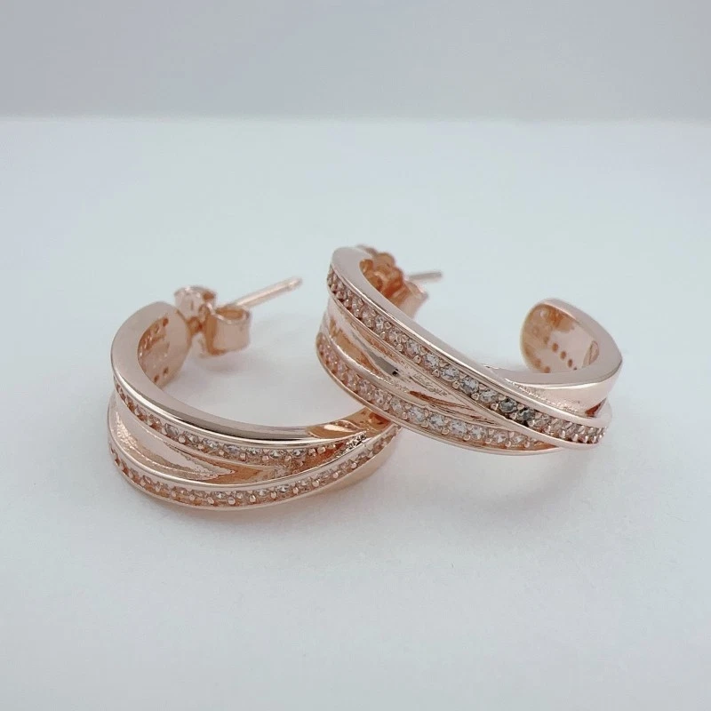 1pair Rose Gold Plated Shining Lines Entwined Pave CZ Hoop Earrings 280730CZ - Image 4 of 4