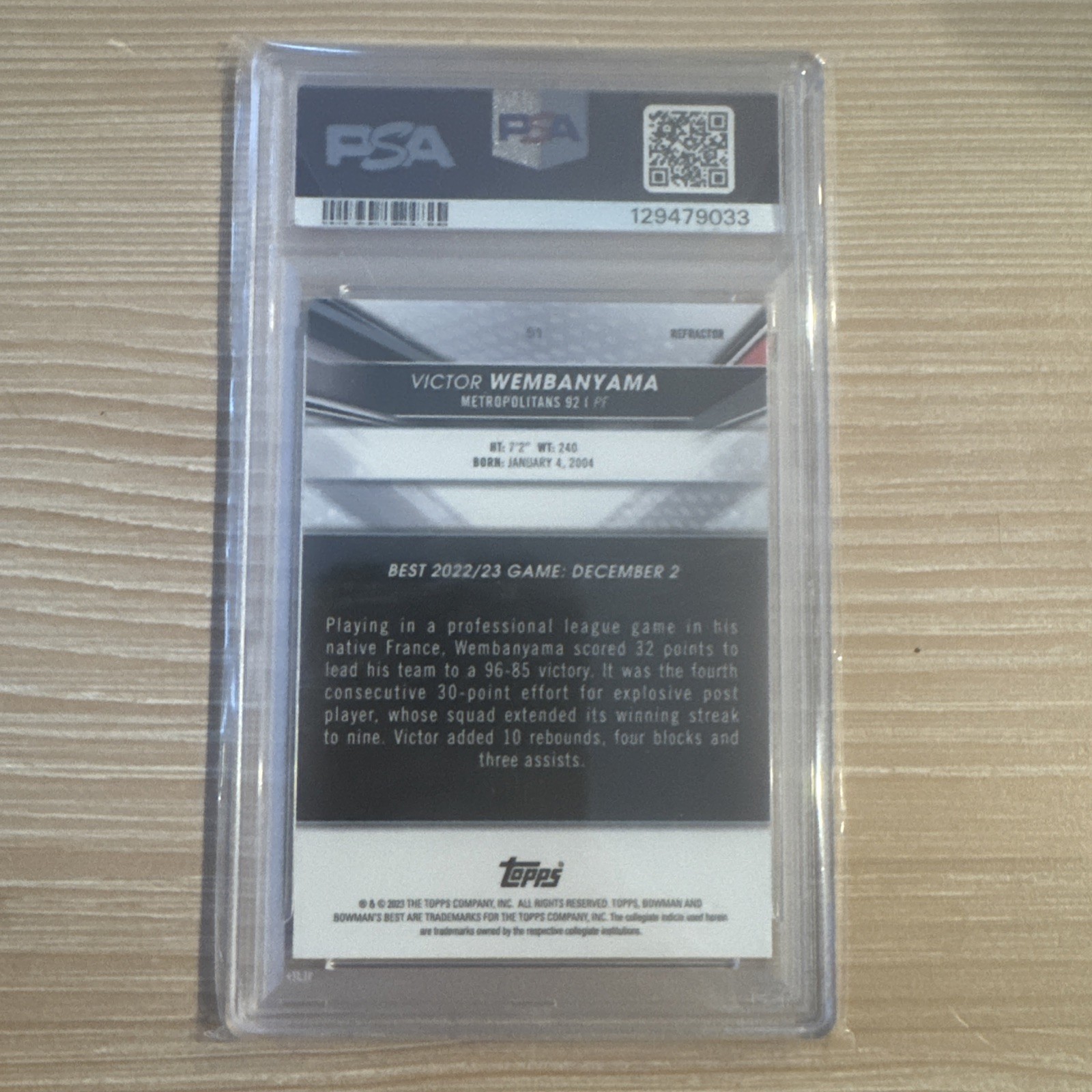 Topps 2022 Bowman Univ Best Victor Wembanyama Refractor #51 PSA 10 view 5
