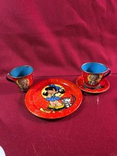 Vintage Ohio Art Tin Metal Litho Children's Tea Set Kitten, Girl, Butterfly