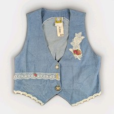 Vintage 80s 90s Thia B Embroidered Denim Vest Lace Trim Roses Sz S 7/8 Western