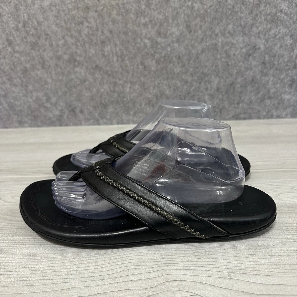 OluKai Mea Ola 皮革拖鞋凉鞋黑色男式 10 高级舒适 — 第 3/4 张图片