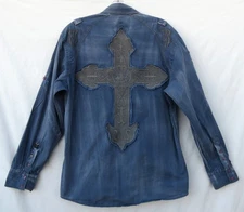 ROAR Embroidered Cross Shirt Distressed Y2K Vintage Rocker Mens sz Large