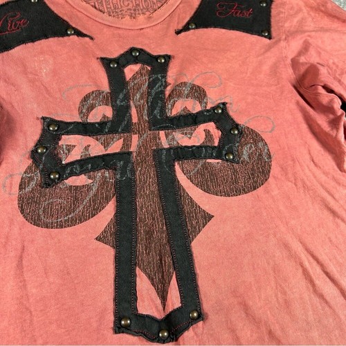 Affliction Shirt Mens Small Orange Y2K Grunge Cross Cyber Goth Opium Emo Punk 00 - Picture 3 of 13