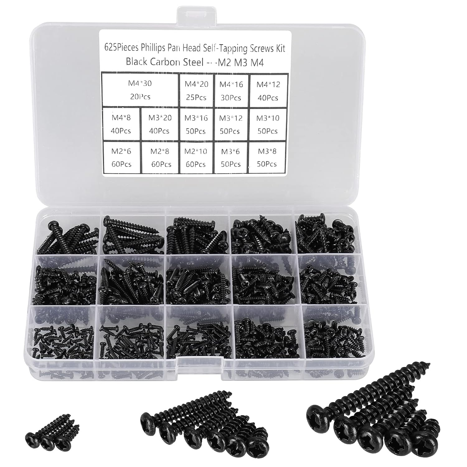 625Pcs M2 M3 M4 Phillips Pan Head Self-Tapping Wood Screws in 14 Sizes