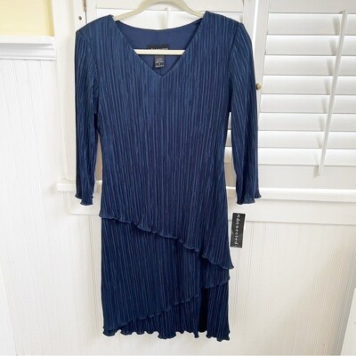 Connected Apparel NWT Navy Blue Accordion Pleat V-Neck Layered Dress Size 6