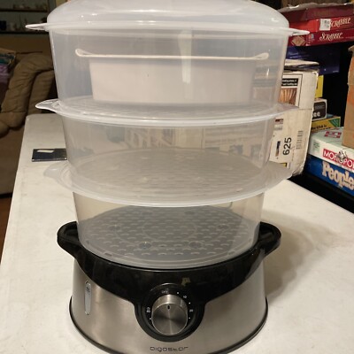 Aigostar Electric Food Steamer - 3-Tier Stackable Baskets, 9.6 QT, 800W, 60-Min Timer, Auto Shut-Off, Stainless Steel Base, Silver