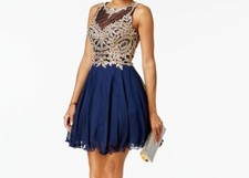 $268 Xscape Womens Blue Gold Embroidered Cutout Fit & Flare Dress Size 6