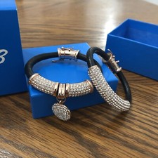 Joan Boyce Crystal Black Leather Rose Gold Magnetic Bracelets New