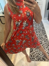 Loft Red Floral Sleeveless Dress M Medium Swing Fall Florals