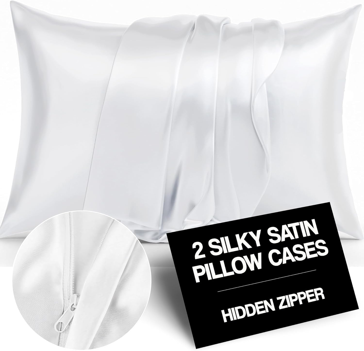 Satin Pillowcase 2 Pack with Zipper Closure, Standard Size, White