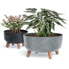Round Low Concrete Look Planter Flower Pot Indoor Outdoor Garden Decor With Legs