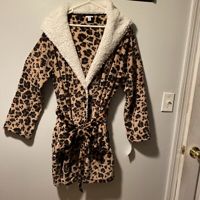 Jenni Hooded Short Cozy robe Size XL/XXL Taupe Animal Print