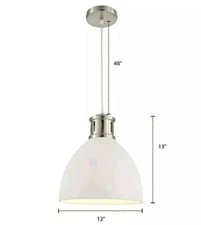 Modern Hanging Pendant Lighting Fixture White & Nickel Elegant Metal Shade 12" D