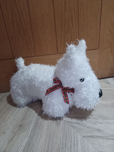 White Fluffy Scottie Dog Door Stop with Tartan Bow Novelty Christmas Doorstop
