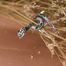 Anello Serpente In Argento Sterling 925 - Regolabile Con Zirconi Verdi, Unisex - Foto 11