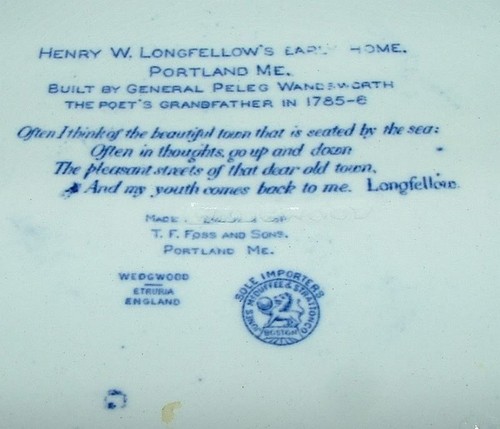 1906 WEDGWOOD Flow Blue PLATE Henry Wadsworth Longfellow Home Portland ME Maine - Picture 4 of 7