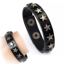 Punk Rock Star Studded Wristband Thin Leather Cuff Bracelet Bangle with Button