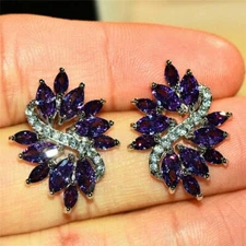 3Ct Marquise Cut Amethyst Push Back Cluster Stud Earrings 14K White Gold Finish