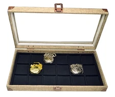 18 Display Pocket Watch Show Case Burlap Dark Beige Metal Clasp 