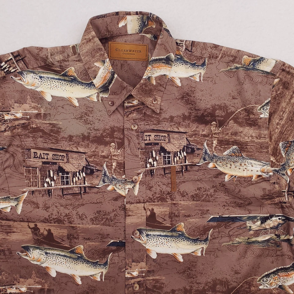 Camisa Clearwater Para Hombres Mediana Marrón Trucha Pesca con Mosca Todo Exterior Campamento Cabina Foto 2 de 4
