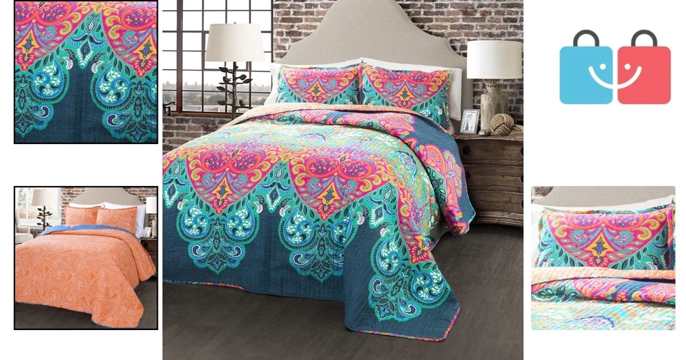 五颜六色的佩斯利特大号被子套装 - 3 件套双面床上用品,全年使用 — 第 2/4 张图片