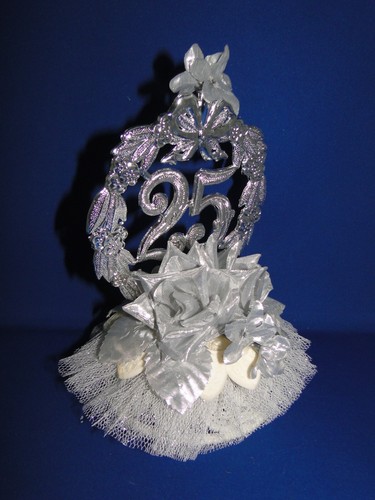 New Elegant 25th Wedding Anniversary Caketop with Silver Floral & #25 Decor, #52 - Picture 4 of 10