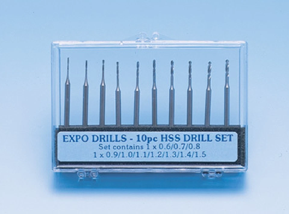 EXPO 11500 SET OF 10 HSS DRILL BITS WITH 3/32nd (2.7mm) SHANKS 0.6mm - 1.5mm