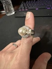 Vintage Silver Plated Faux Pearl Statement Ring Clear Accent Stones Gold Tone