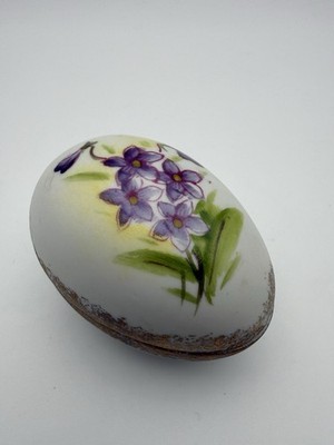 Egg-Shaped Porcelain Trinket Box Purple Floral Design Made in Japan