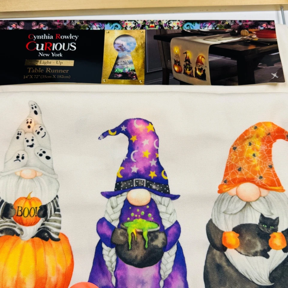 Cynthia Rowley Curious Halloween Witch Gnomes Light Up 72in Table Runner - Image 2 of 3