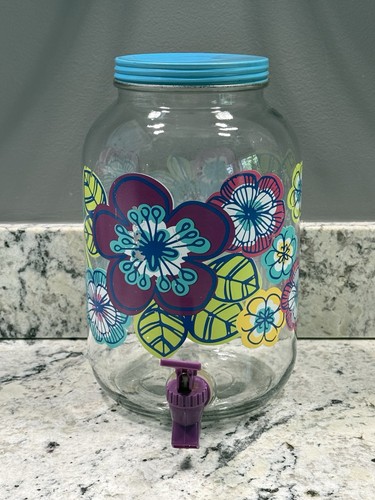 Vintage Purple Flowered Sun Tea Jar, Glass Lemonade Beverage Dispenser