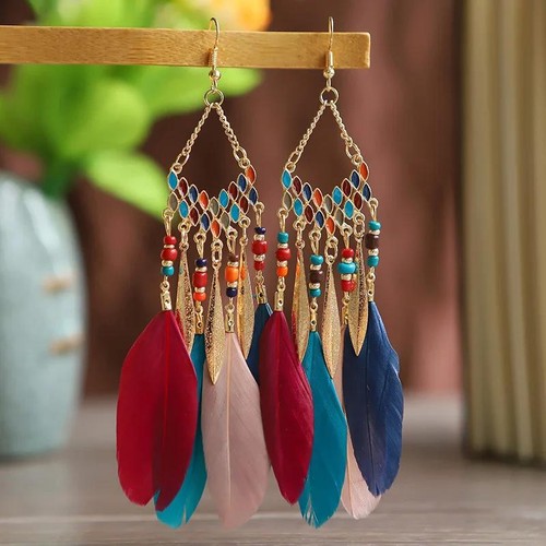 Boho Feather Dangle Earrings Colorful Beaded Long Tassel Drop Jewelry for Women