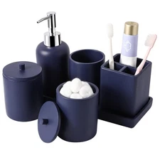 Resin 6 Pcs Navy Blue Bathroom Set Complete with Toothbrush Holder, Lotion So...