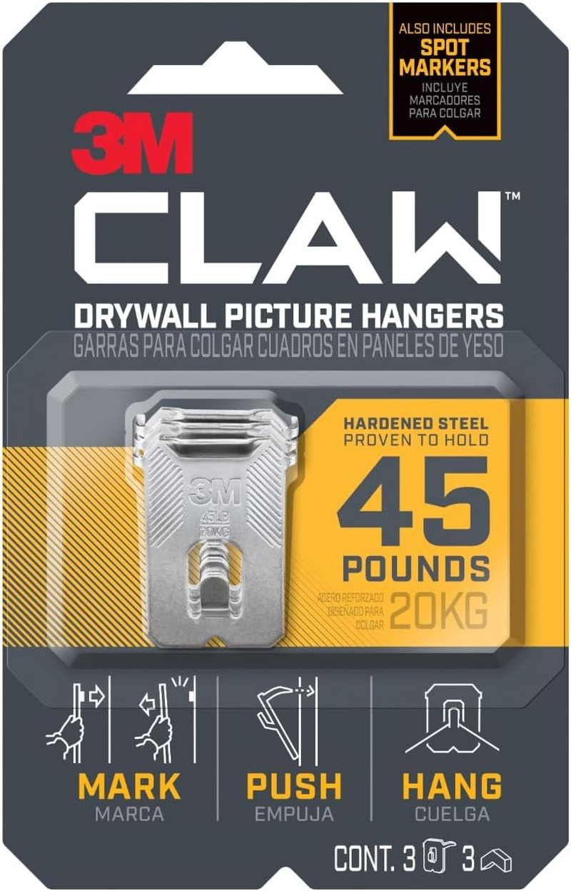 3PH45M-3ES Claw Drywall Picture Hanger, Holds 45 Lbs, 3 Hooks and 3 Spot Markers