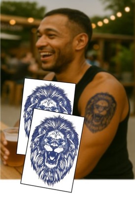 Roaring Lion semipermanentes Tattoo - 2x 6x4'' Blätter - kräftige blaue Tinte strapazierfähig...