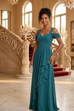 Dress Teal Off-the-Shoulder Floor-Length Maxi Bridesmaid Formal Dress Ruffle